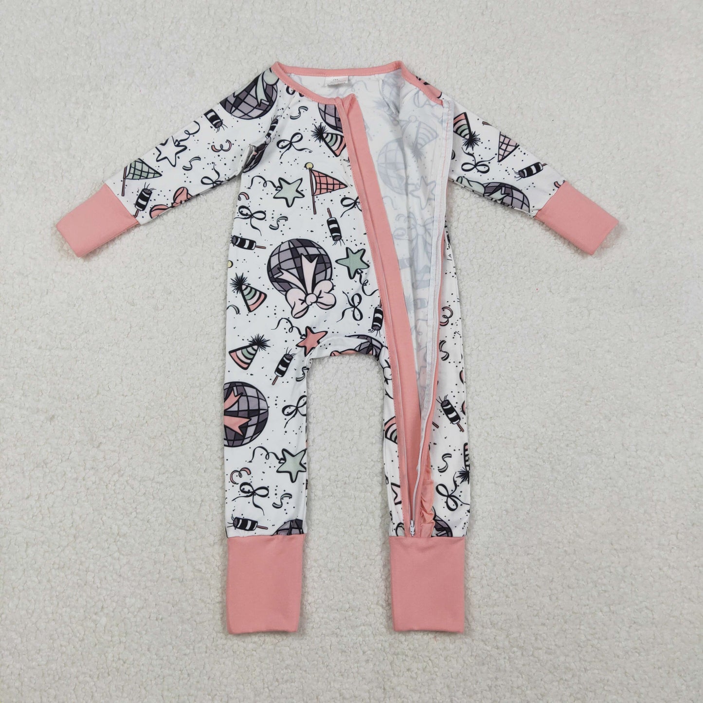 RTS NO MOQ（In Stock) LR2571 Light Ball, Star, New Year's Calendar, Bow Pattern Zippered Long-Sleeved Bodysuit