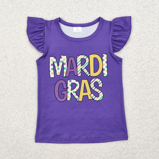 RTS NO MOQ ETA 5/7days Arrived GT0814 mardi gras letter purple flying sleeve top