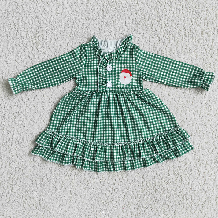 RTS NO MOQ Baby Girls Embroidered Santa Claus Green Plaid Pajama Dress Set