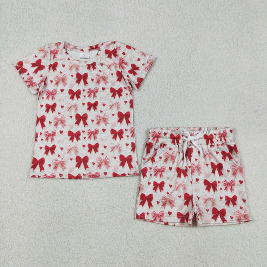 RTS NO MOQ（In Stock) Pink Heart and Bow Pattern Short-Sleeve and Shorts Set