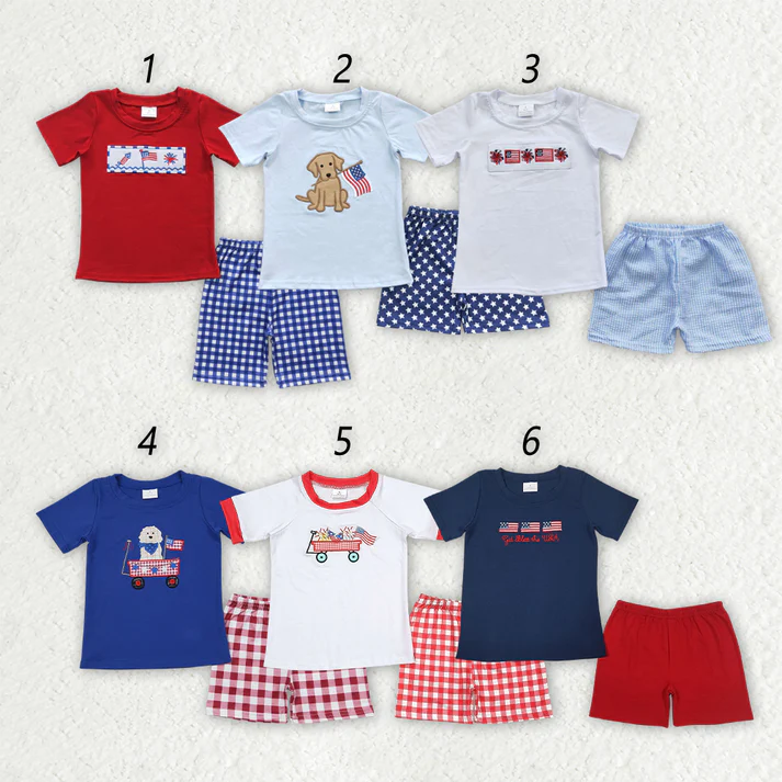 RTS NO MOQ baby boy Clothes 4th of july embroidery short sleeve shorts Sets