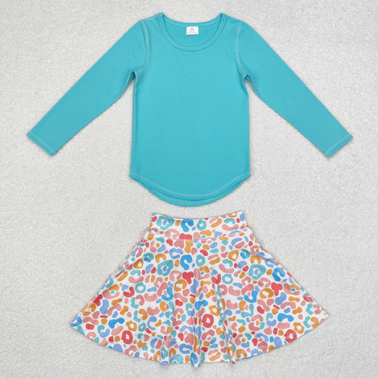 RTS NO MOQ ETA 5/7days GT0644+GLK0026 Teal solid long-sleeved top Colorful leopard print skirt sets