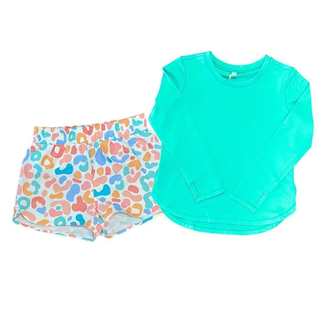 custom moq 5 eta 4-6 weeks  Summer boys teal long sleeve top colorful leopard swim shorts suit