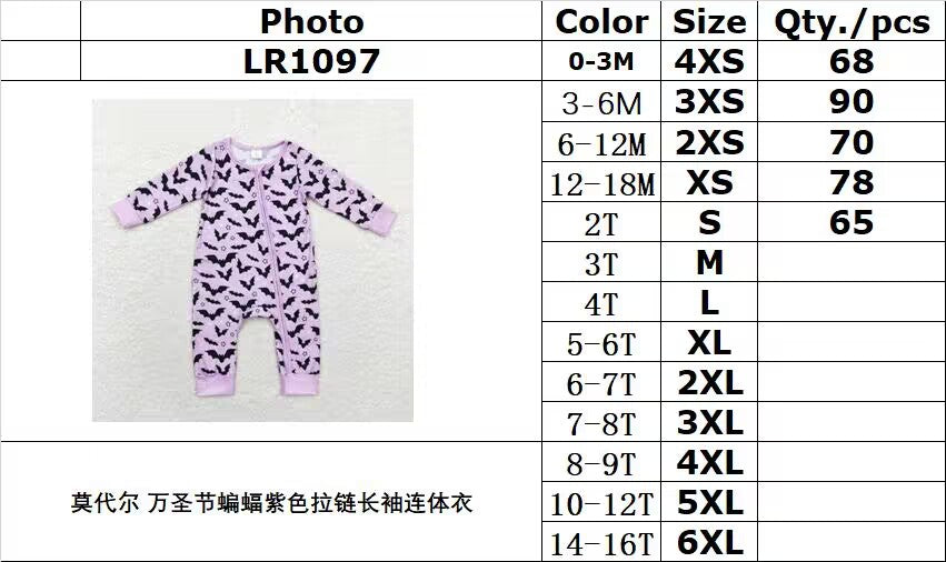 bamboo rts no moq LR1097 Modal Halloween bat purple zipper long sleeve jumpsuit