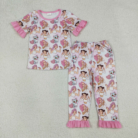 12/18m-14/16t RTS NO MOQ（In Stock) GSPO2248 Kpop Pink Heart-Shaped Disco Pants Pajama Set with Heart and Disco Ball Trim