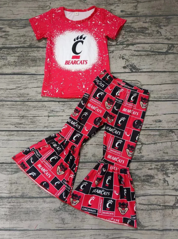 Deadline September  23 custom no moq eta 6-8weeks Letter C Red Short Sleeve Top-Black and Red Plaid Flared Pants Set