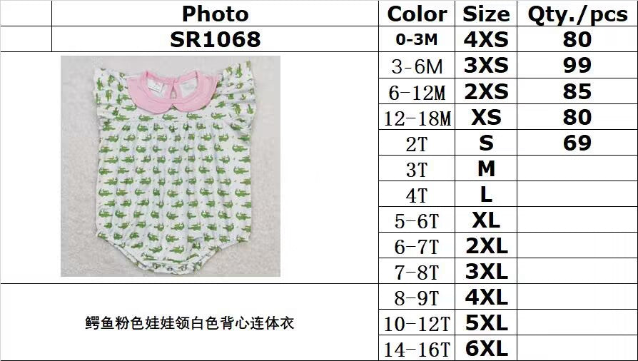 SR1068 Crocodile pink baby doll collar white tank top bodysuit