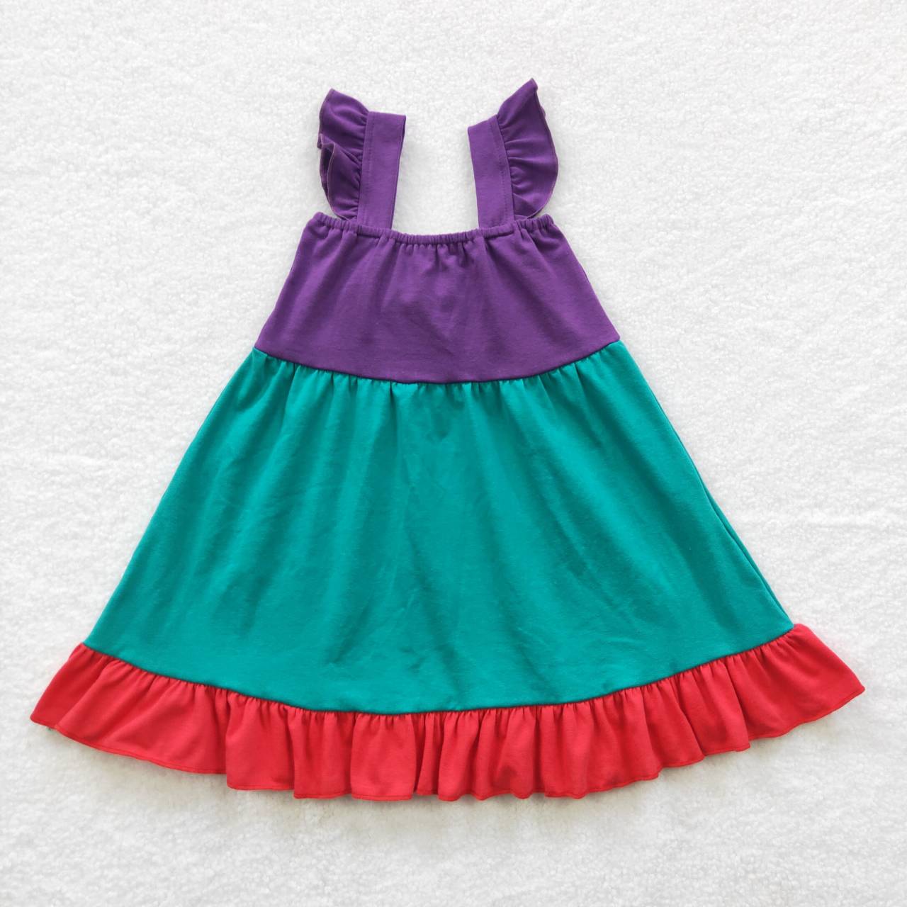 GSD0345 Green Purple Bow Flying Sleeve Dress