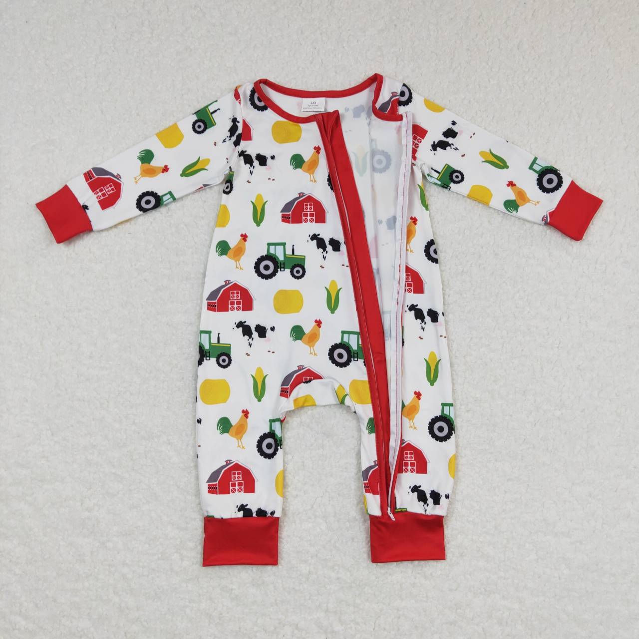 LR0672 Farm Animals Red House Tractor Corn Red and White Zipper Long Sleeve Jumpsuit