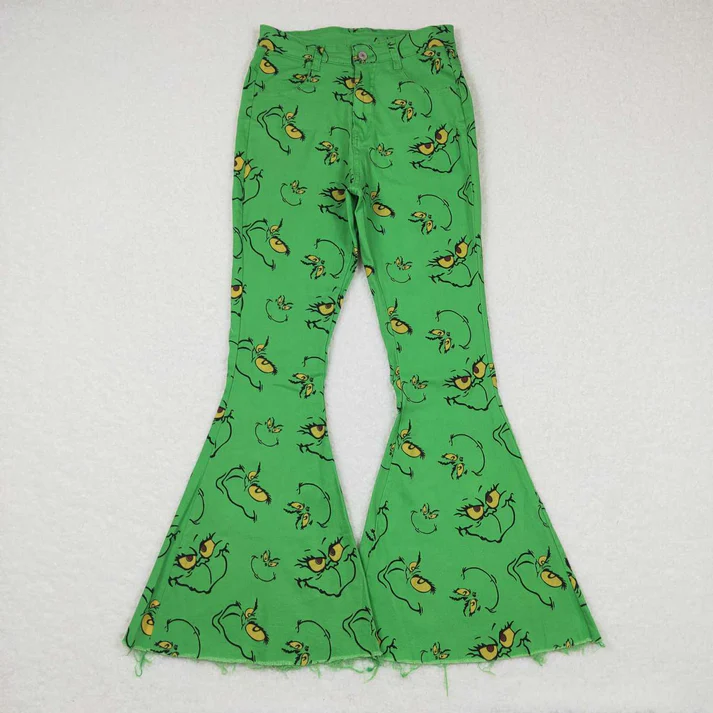 RTS NO MOQ Mommy and Me adult Sibling Christmas Green Frog Face Denim Bell Pants hot sell