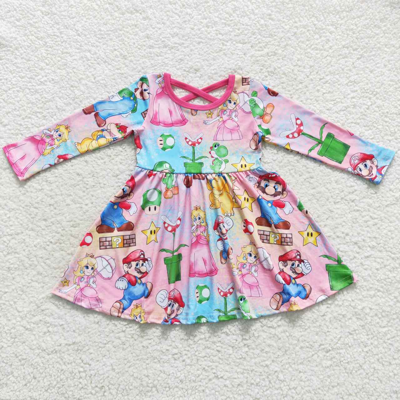 GLD0324 Cartoon Mario Colorful Long Sleeve Dress