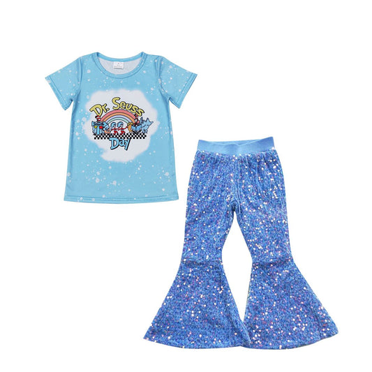 P0111 sky blue sequined trousers+GT0365 dr seuss rainbow blue short sleeve top