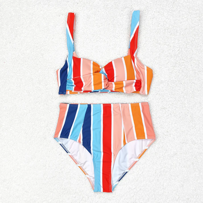 RTS no moq Mommy and Me Adult Baby Girls Summer Stripes Swimsuits.adult with kids swim