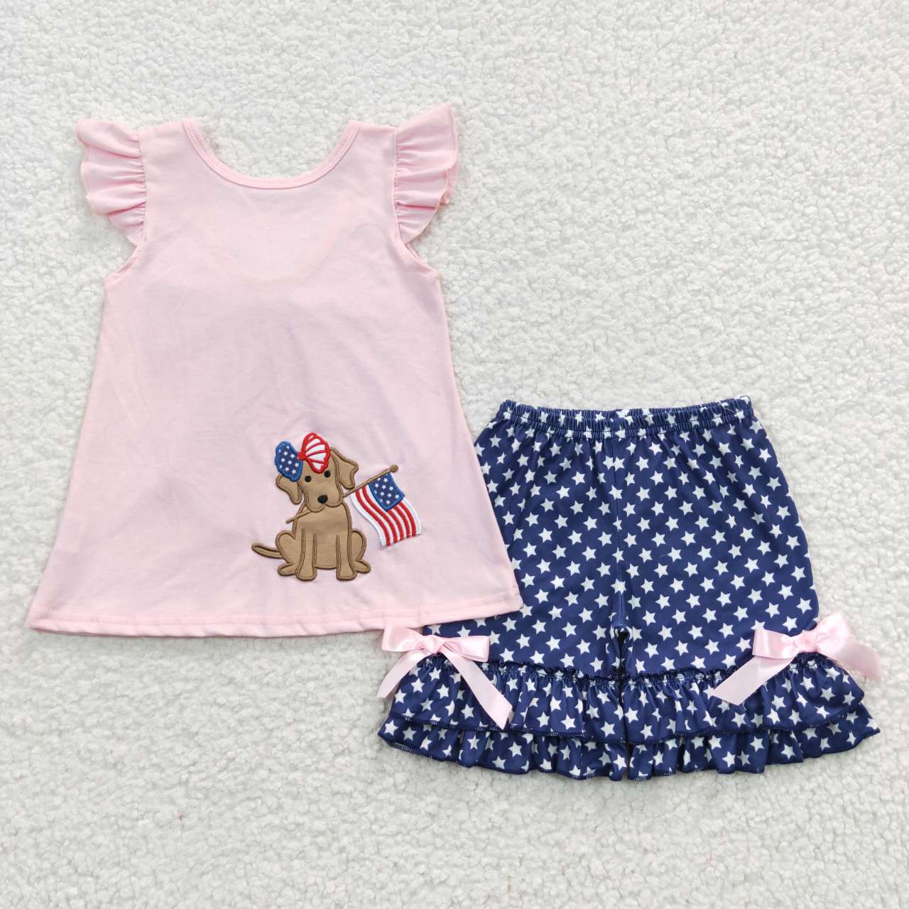 GSSO0236 Girls National Day Embroidered Puppy Pink Flying Sleeve Shorts Set