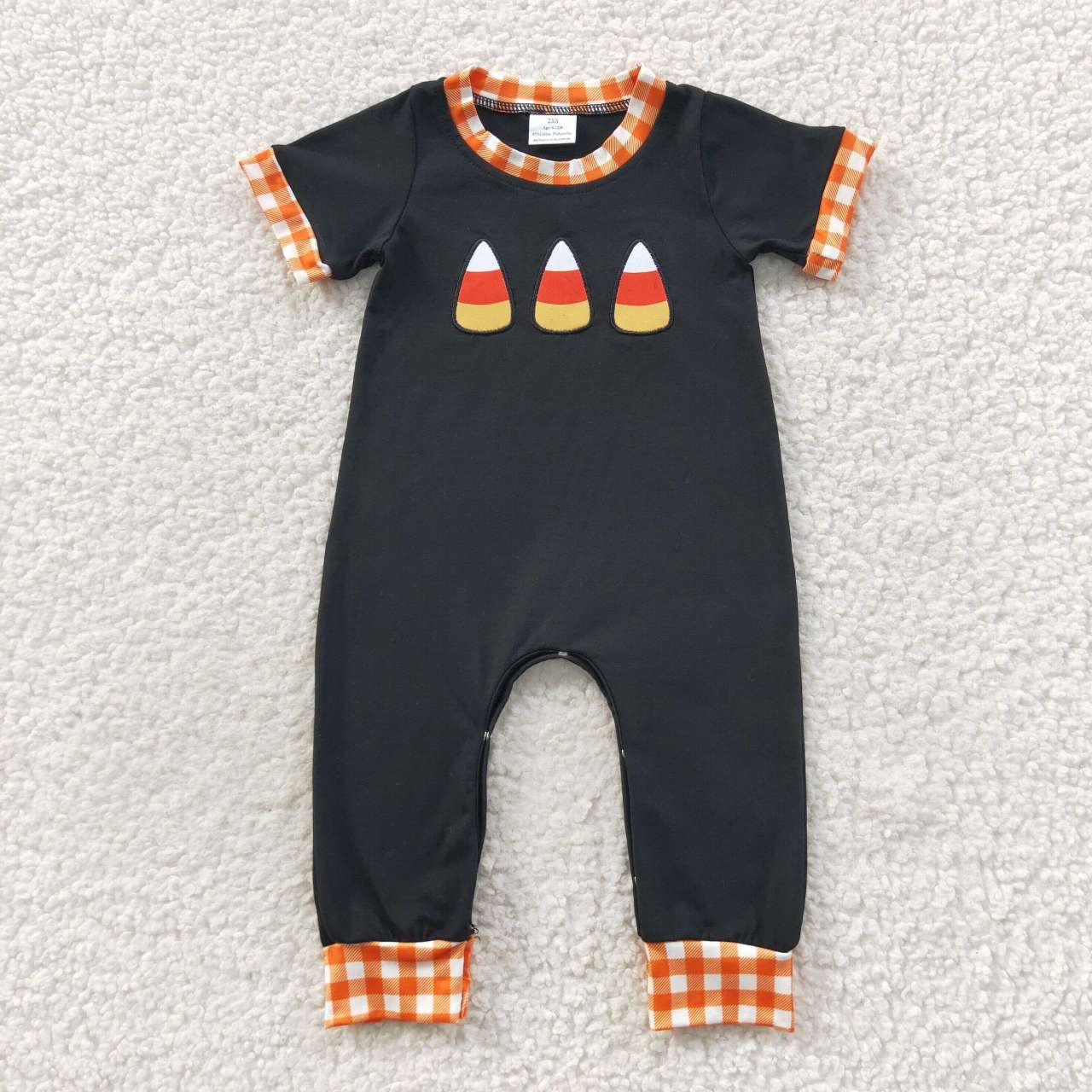 SR0400 Halloween Embroidered Candy Orange Plaid Black Short Sleeve Bodysuit