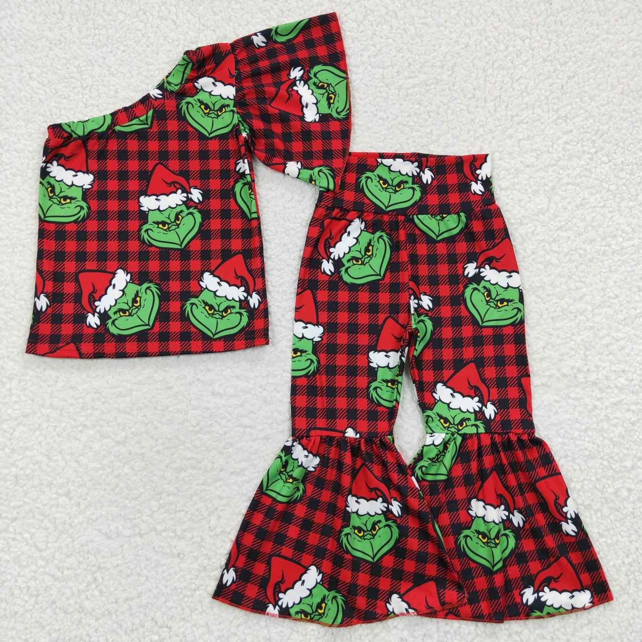 GSPO0654 Christmas grinch red and black plaid single sleeve trouser suit