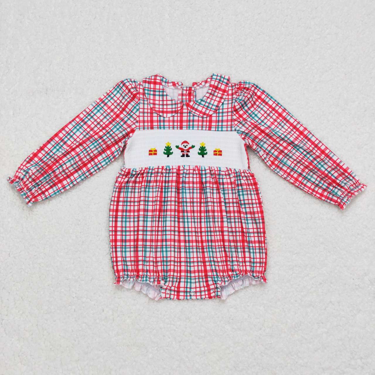 LR0571 smocked embroidery gift Santa Claus red and green plaid long-sleeved dress