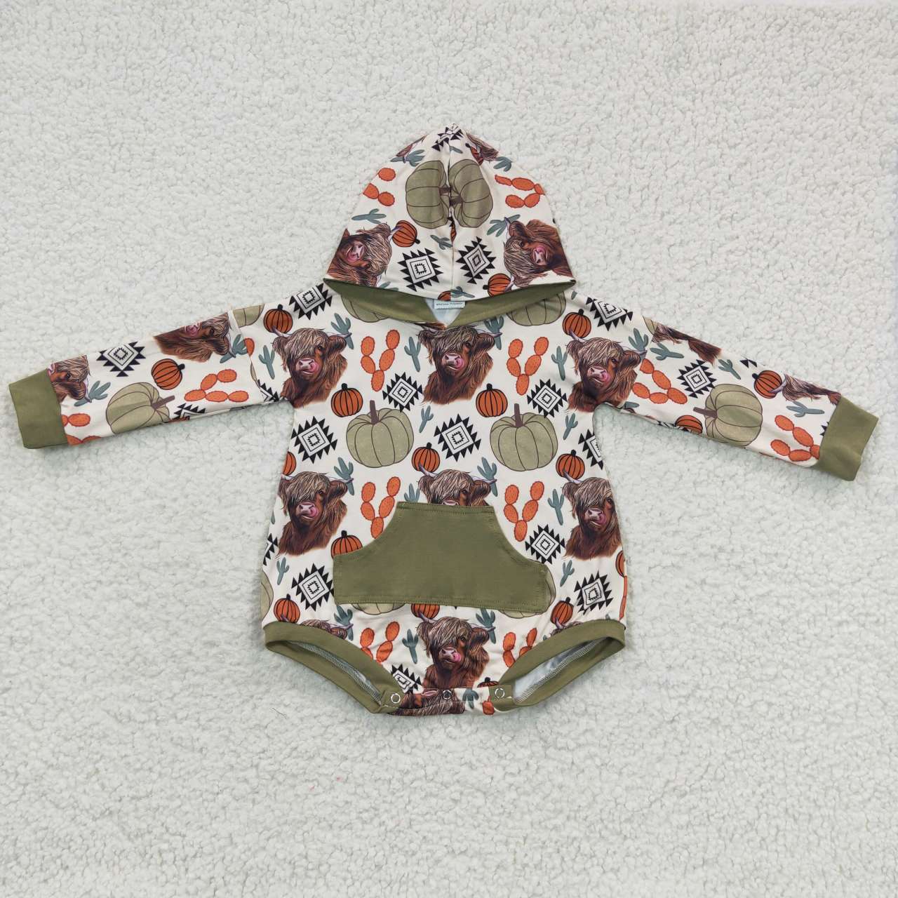 LR0281 Pumpkin Cow aztec Green Pocket Hooded Long Sleeve Bodysuit