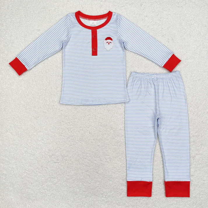 RTS NO MOQ Baby Girls Boys Sibling Christmas Stripes Santa Top Pants Pajamas Embroidered Santa Claus Pajamas