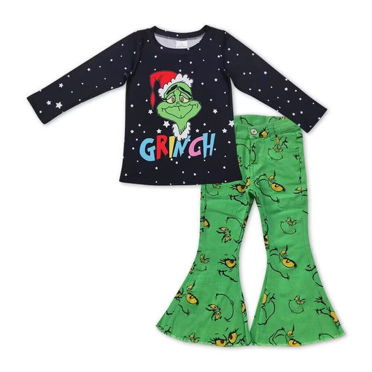 GT0329 grinch letter star black long sleeve top+P0230 Cartoon grinch green denim trousers with smiley face