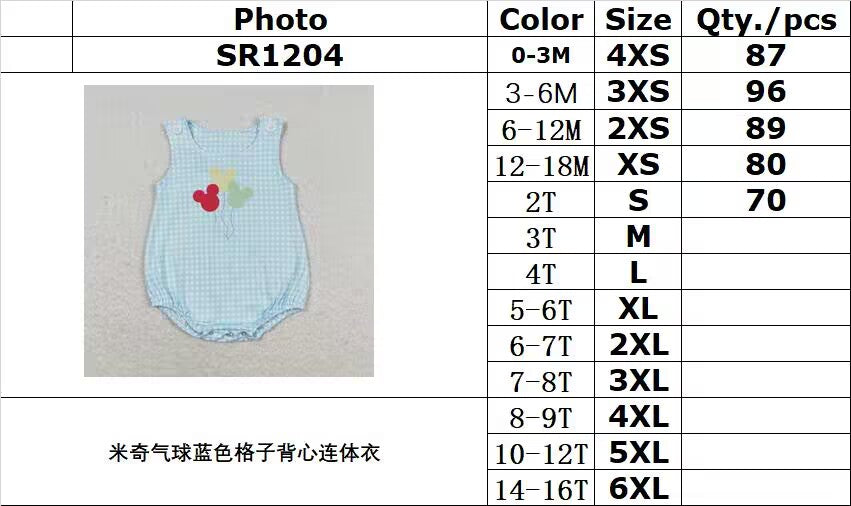 RTS no moq SR1204 Mickey Balloon Blue Plaid Vest Bodysuit