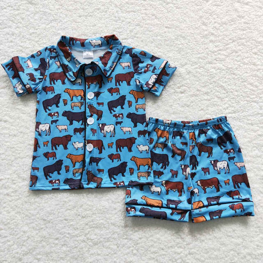 BSSO0276 Cattle and sheep animal blue short-sleeved shorts suit