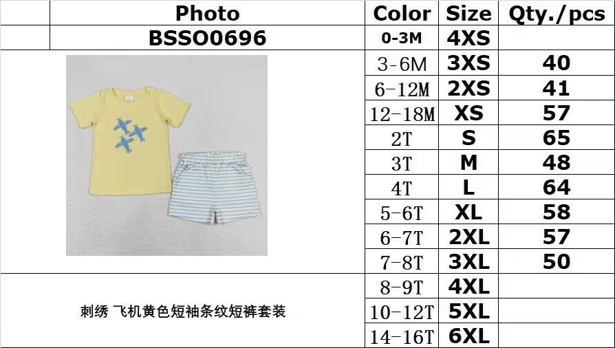 RTSBSSO0696Embroidery Yellow Airplane Striped Short Sleeve Shorts Set