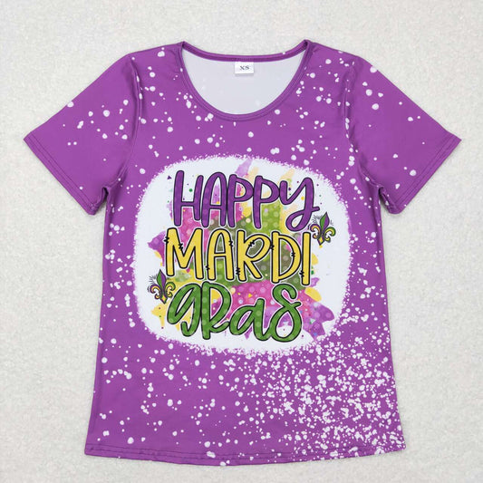 GT0377 Adult happy mardi gras letter purple short sleeve top