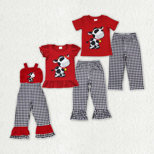 RTS Baby Girls Boys Cow Plaid Embroidery Sibling Clothes Sets