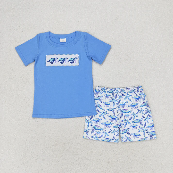 RTS NO MOQ  Baby Girls Boys Sibling Turtles Top Blue Summer Clothes Sets