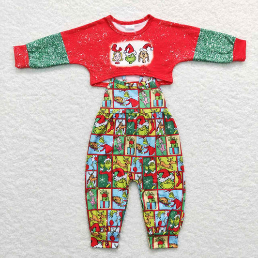 GLP0814 Cartoon grinch red and green long-sleeved plaid suspender jumpsuit and pants suit