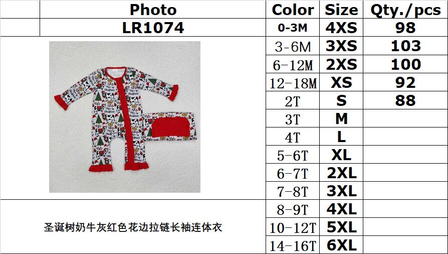 RTS NO MOQ ETA 5/7days arrived LR1074 Christmas tree cow gray red lace zipper long sleeve jumpsuit