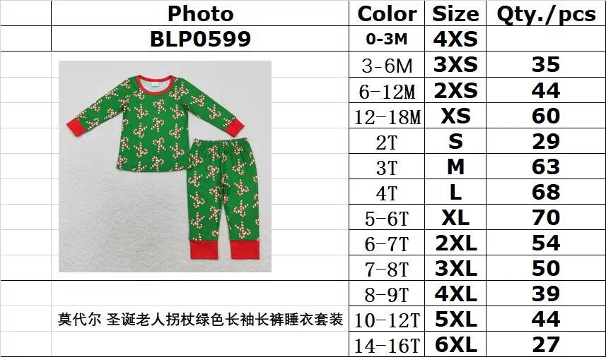 bamboo rts no moq BLP0599 Modal Santa Claus cane green long-sleeved long pants pajama set