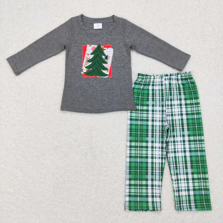 RTS NO MOQ Sibling Baby boy girl clothes Embroidery Christmas trees long-sleeved trousers suits
