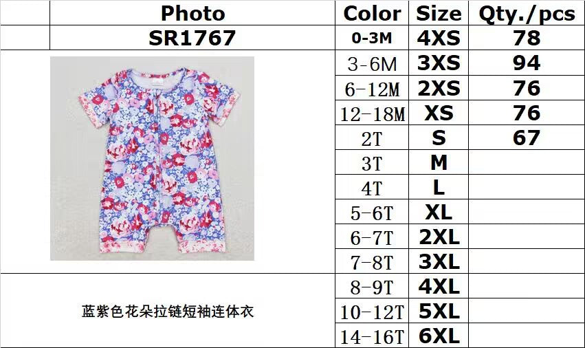 RTS no moq SR1767 blue purple flower zipper short-sleeved jumpsuit