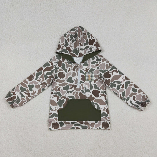 RTS NO MOQ（In Stock) BT1304 Embroidered elk camouflage green pocket zippered hooded long-sleeved top
