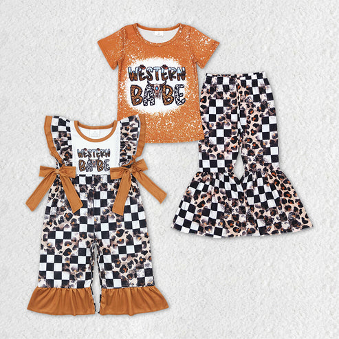 Baby Girls Sibling Western Babe Leopard Outfits Rompers Clothes Sets