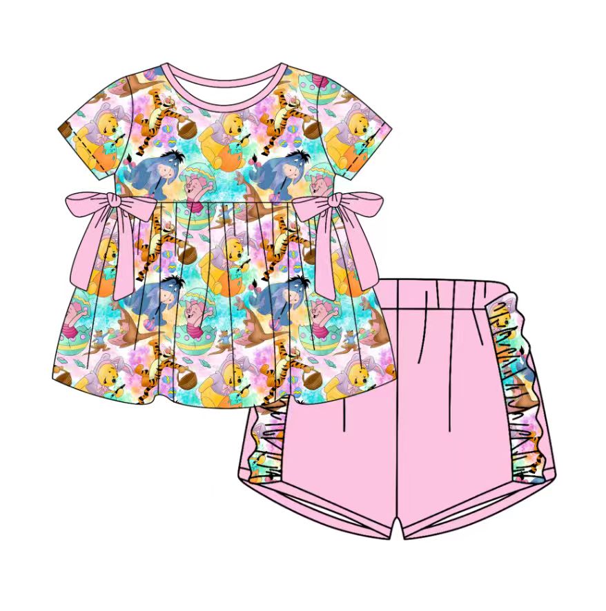 Custom moq 5 mix size milk silk baby girl clothes cartoon short sleeve shorts sets and pants sets