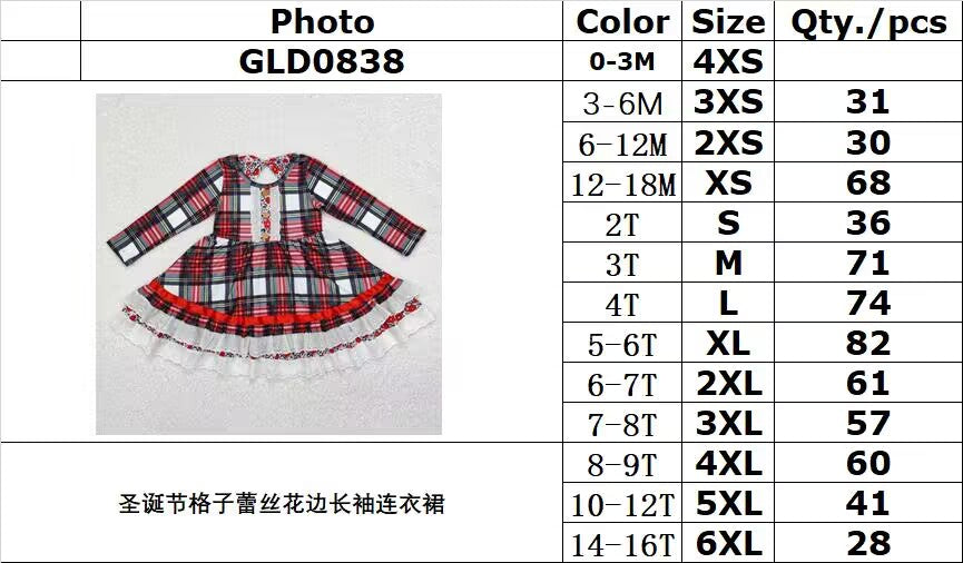 RTS NO MOQ ETA 5/7days GLD0838 Christmas plaid lace long-sleeved dress