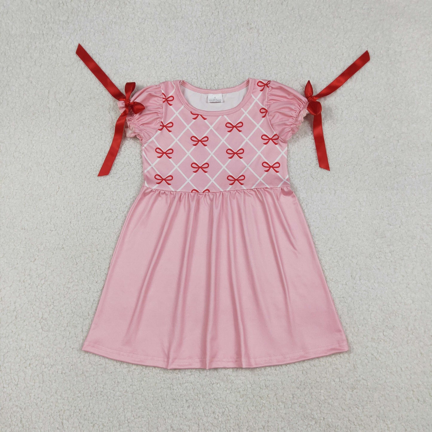 RTS NO MOQ（In Stock ) Bow Pattern Checkered Pink Lace Short-Sleeved Dress
