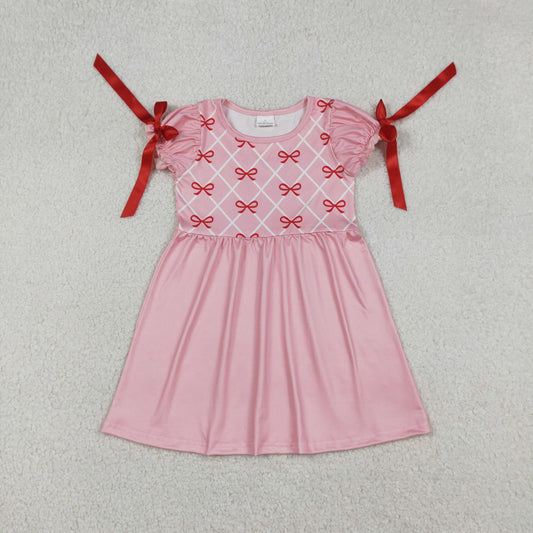 RTS NO MOQ（In Stock ) Bow Pattern Checkered Pink Lace Short-Sleeved Dress