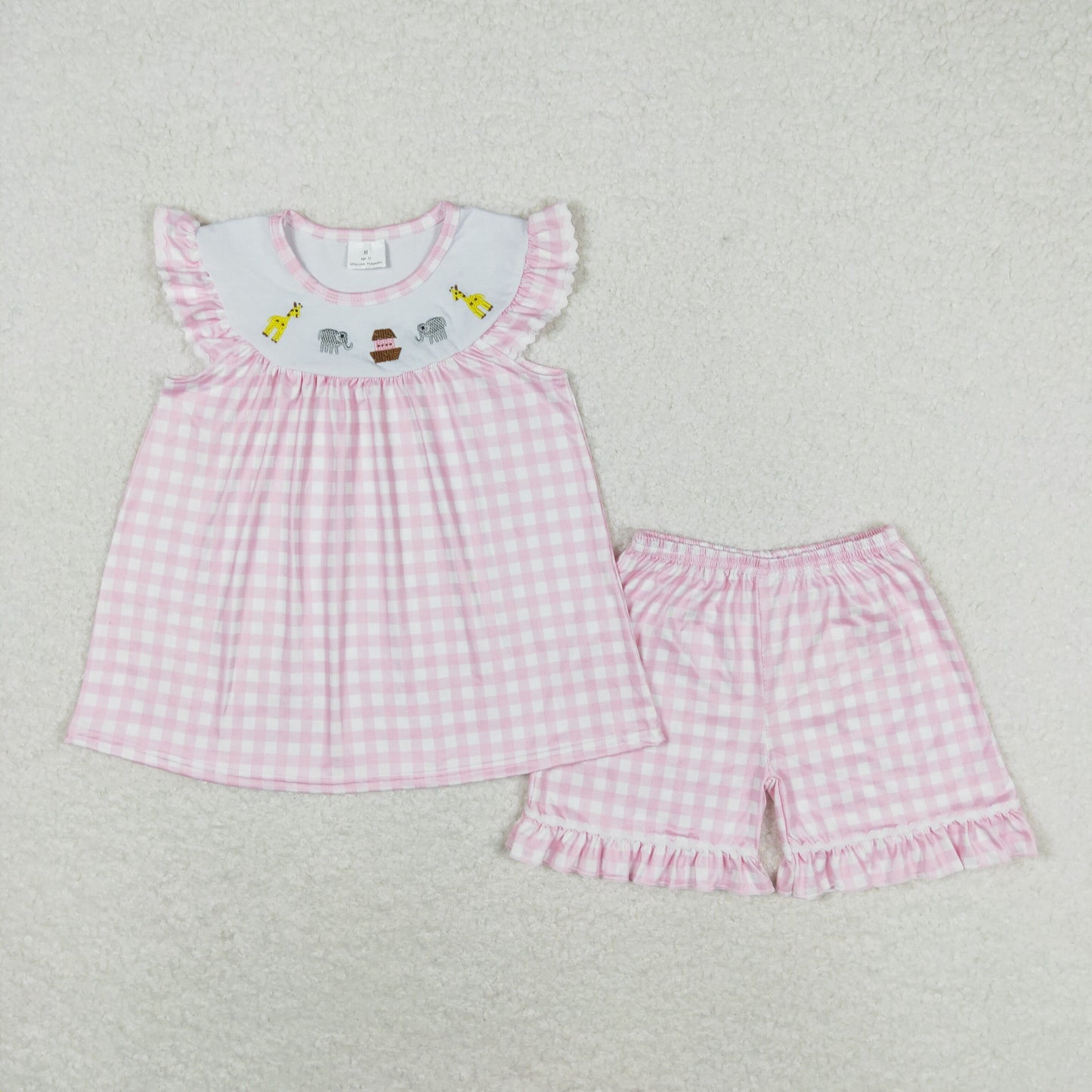 rts no moq GSSO0795 Embroidered Giraffe Elephant Pink and White Plaid Flying Sleeve Shorts Suit