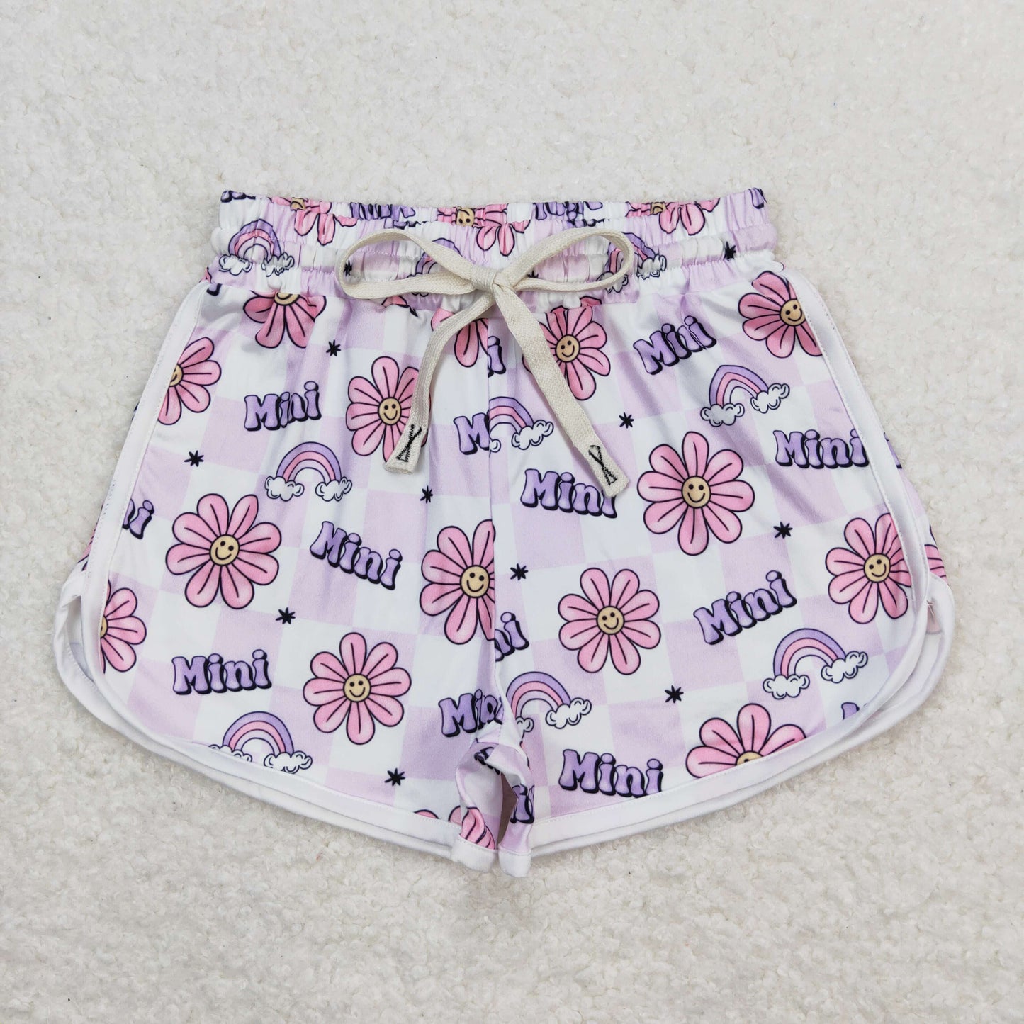 RTS NO MOQ Baby kid and adults smiley face floral light purple sports yoga shorts