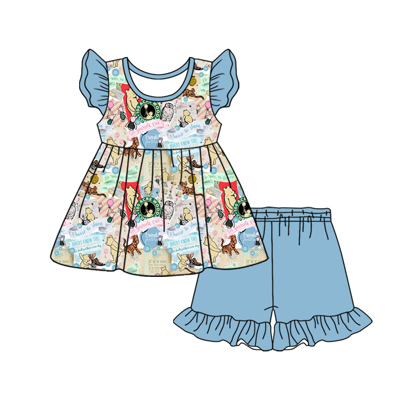 Custom moq 3 eta 7/8week moq 5 eta /4/5week baby girl clothes cartoon flying Sleeve Top Shorts Set