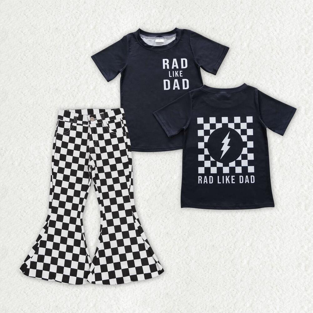 BT0323 +P0349 rad like dad lightning plaid short sleeve top black and white plaid denim jeans