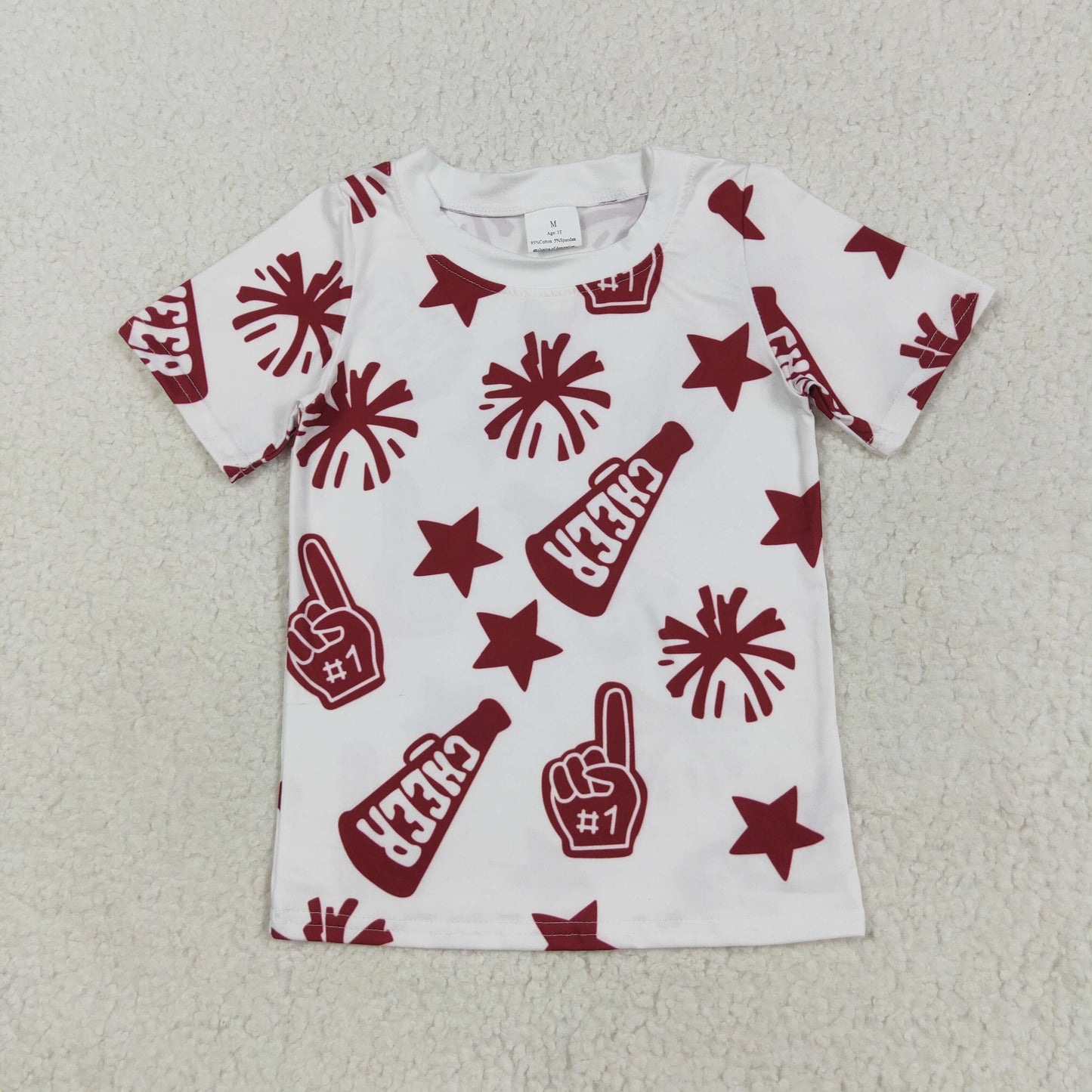 RTS NO MOQ（In Stock) GT1093 Cheer dark red fireworks star white short-sleeved top