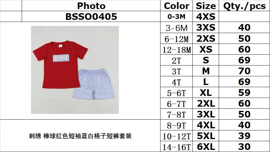 BSSO0405 Embroidered baseball red short-sleeved blue and white plaid shorts suit