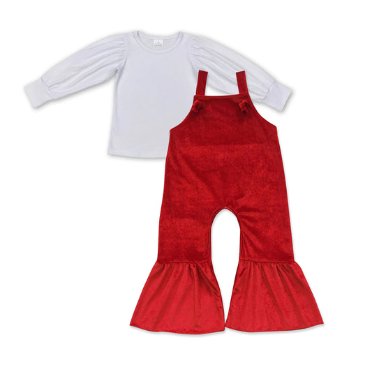 SR0392 Girls red gold velvet vest jumpsuit with white top