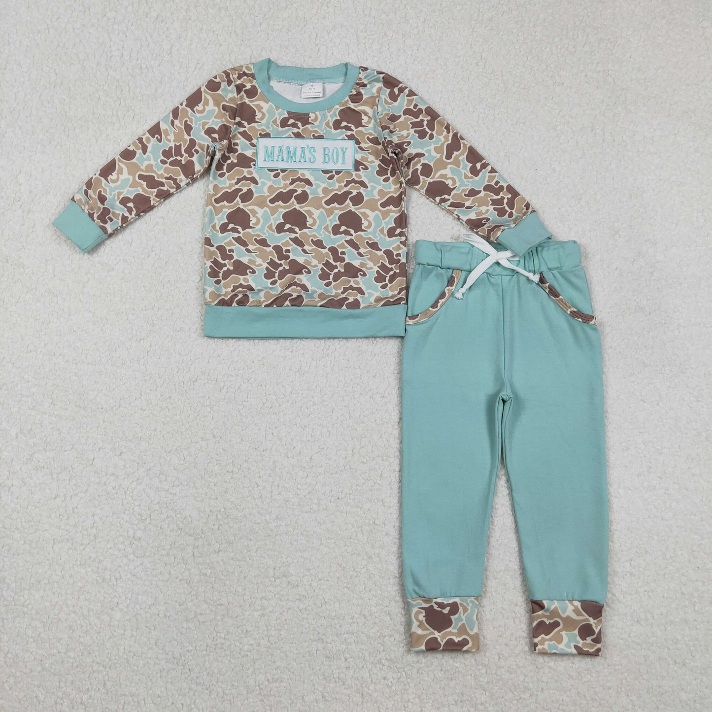RTS NO MOQ（In Stock ) BLP1336 Embroidered Mama's Boy Blue Green Brown Camouflage Long-Sleeved Pants Set