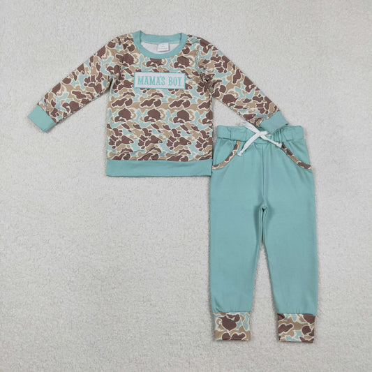 RTS NO MOQ（In Stock ) BLP1336 Embroidered Mama's Boy Blue Green Brown Camouflage Long-Sleeved Pants Set